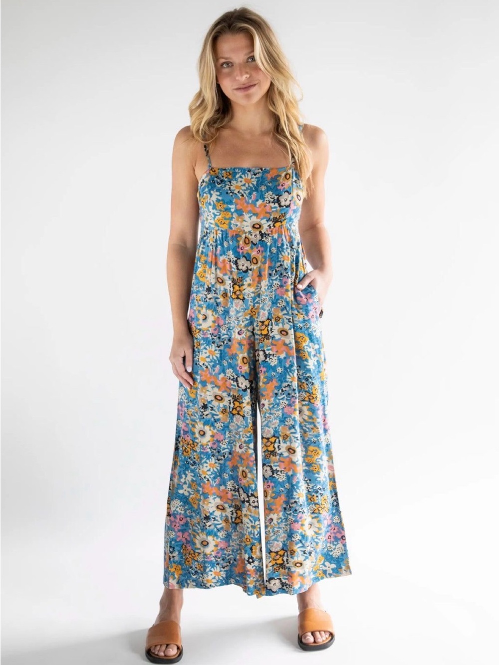 Natural Life NWT Floral Wide Leg Jumpsuit Small Blue Boho